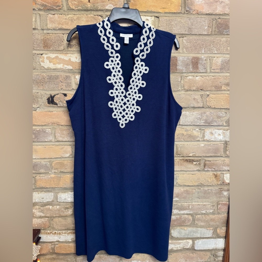 Charter Club Sleeveless Embroidered Dress, Navy / White XL